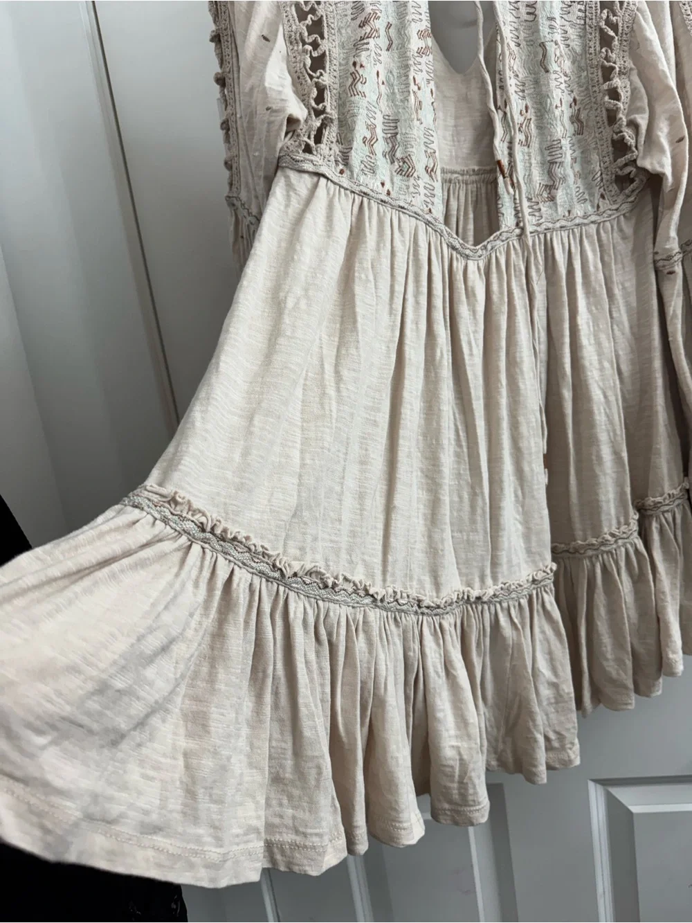 **Sold** Free People Boho Embroidered Babydoll Mini Dress Cream Crochet Sleeve - Picture 7 of 11